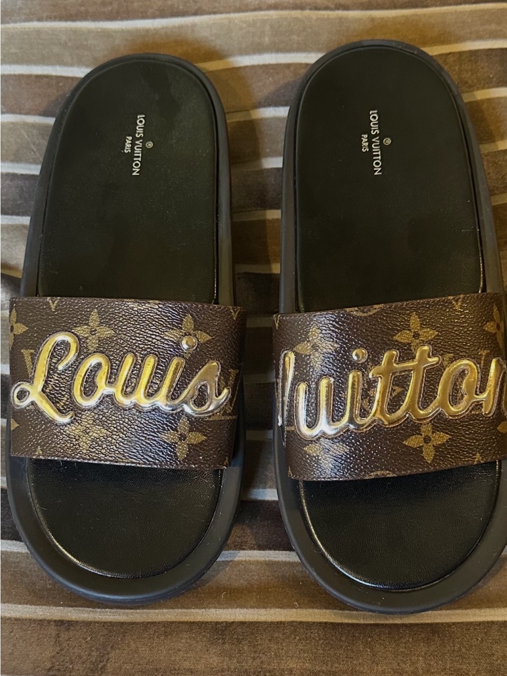 Louis Vuitton Brown and Gold Monogram Slide Sandals